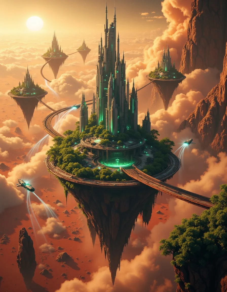 Suspended in the vast expanse of space, a mesmerizing chain of islands drifts serenely in orbit around the red planet, Mars. Each island hovers at a different altitude, their surfaces adorned with lush, emerald foliage that flourishes beneath the glimmering force fields enveloping them like protective shields. The shimmering barriers ripple like liquid light, refracting the harsh glow of distant stars and painting the sky with an ethereal iridescence.
Expansive land bridges connect these celestial wonders, their structures crafted from advanced alloys that gleam under the golden radiance of a nearby sun. Towering skyscrapers, sleek and futuristic, rise like monolithic sentinels from the dense greenery, their crystalline facades pulsing with streams of neon energy. Some seem to touch the heavens, their uppermost floors disappearing into the wisps of cosmic mist that swirl around them.
Above and below, sleek shuttles weave through the intricate pathways of this orbital oasis, descending gracefully toward the Martian surface in choreographed arcs of propulsion and light. Each craft leaves behind a faint, luminescent trail as it navigates through the shimmering force fields, vanishing into the crimson haze that blankets the planet below. The scene is a breathtaking fusion of sci-fi wonder and mystical grandeur, rendered in stunning 8K detail with the magic of Unreal Engine, Octane Render, and the unparalleled realism of ray tracing. It is a vision of a world where technology and fantasy entwine, suspended in the cosmos like an artistâs dream brought to life. <lora:Flux_Detailer_v3:0.8> Jeddtlv3 <lora:Test:0.8> n1t3_du5t