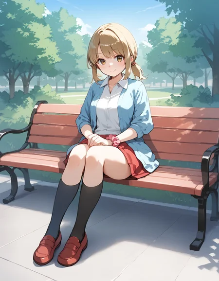 score_9, score_8_up, score_7_up, score_6_up, BREAK source_anime, best quality, masterpiece,
1girl,<lora:lass orasPonyXL:0.8>,lass oras,wrist scrunchie,blue cardigan,sleeves pushed up,white shirt,skirt,socks,loafers,full body,sitting,on park bench,smile,looking at viewer,park,front view