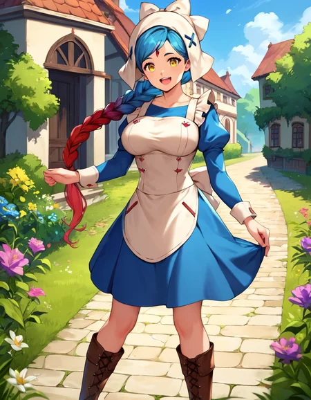 score_9, score_8_up, score_7_up, score_6_up, source_anime,zPDXL3, village, outdoors,
<lora:LilithFE_SDXL:1>,LilithFE_SDXL,head scarf,blue hair,red hair,multicolored hair,gradient hair,yellow eyes,forehead jewel,single braid, large breasts,happy,open mouth,smile,white apron,long sleeves, blue dress,boots, feet out of frame,