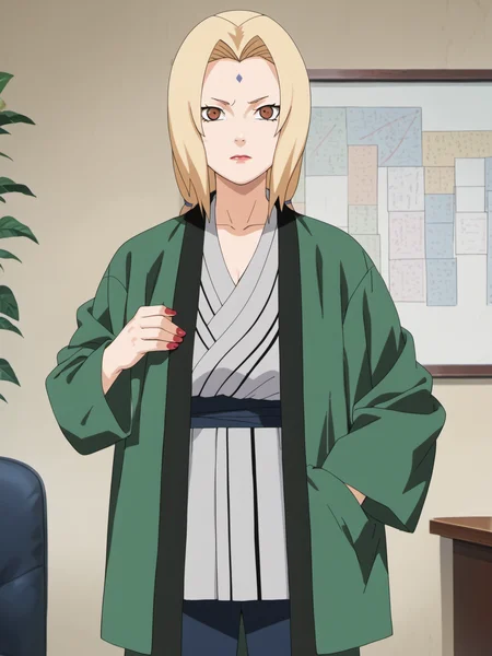 naruto style, hard shadows, anime_screencap, anime_core, score_9, score_8_up, score_7_up, solo, <lora:tsunade_train_v5:0.9>, tsunade,brown eyes,uper body,sunade's green Jacket \(outfit\), red nails,indoors, looking at viewer, front view