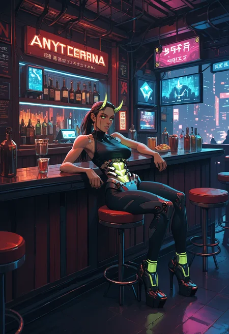 score_9, score_8_up, score_7_up, 1girl, solo, sitting, restaurant, booth seating, bar, window, neon lights, horns, crop top, thighs, (mechanical teeth), (mechanical mask:0.3), (mechanical torso:1.5), glowing clothes, city at night, scenery, highly detailed, science fiction, metropolis, cyberpunk, big breasts, dreamy eyes, bored, long hair, ponytail,
<lora:ArmorPunkV4:1> arm0rpunkv4, mechanical shoes, high heels, strappy heels, leggings,