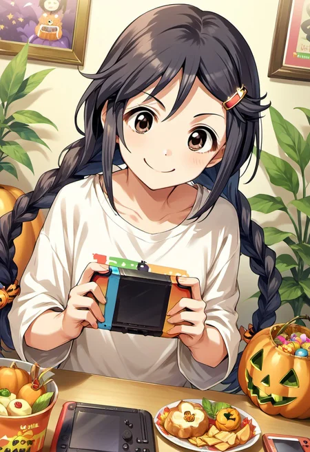 score_9, score_8_up, score_7_up, source_anime, miyoshi sana, twin braids, black hair, brown eyes, 1girl, braid, hair ornament, playing games, hairclip, jack-o'-lantern, handheld game console, halloween, solo, long hair, food, smile