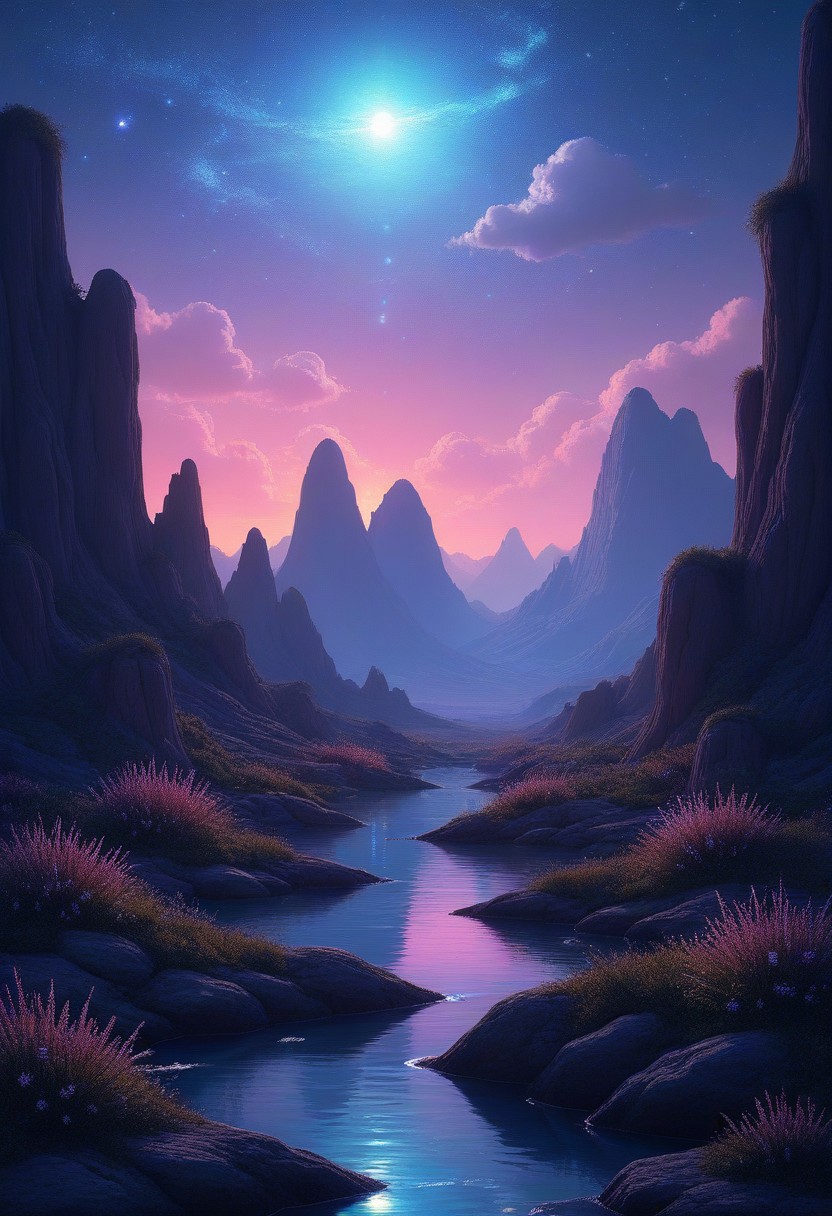 A serene fantasy landscape. Bioluminescent plants speckle this almost barren land. Distant crooked mountains give a pristine skyline which opens up to the neighboring planets shimmering in the night sky. A few fluffy clouds appear in what is otherwise a crystal-clear night sky.