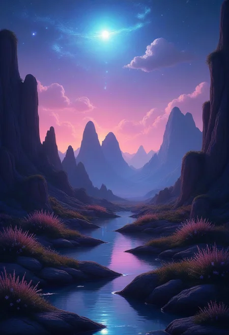 A serene fantasy landscape. Bioluminescent plants speckle this almost barren land. Distant crooked mountains give a pristine skyline which opens up to the neighboring planets shimmering in the night sky. A few fluffy clouds appear in what is otherwise a crystal-clear night sky.