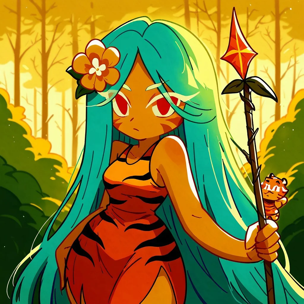 score_9, score_8_up, score_7_up, 2d, tigerlilycookie, cookie run, blue hair, long hair, flower in hair, orange dress, tiger print, red eyes, wide hips, large thighs, holding spear, cinematic lighting, cowboy shot, forest, looking at viewer, chibi