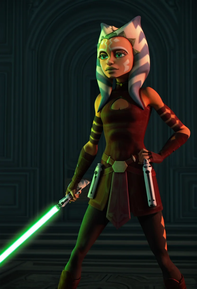 <lora:Ahsoka_S3-5:1> ahsoka_tano, togruta, lekku, facial_markings, symmetrical face paint, original_appearance, padawan_outfit, clone_wars_style, star_wars_background, 3d, holding a green lightsaber, in a battle stance