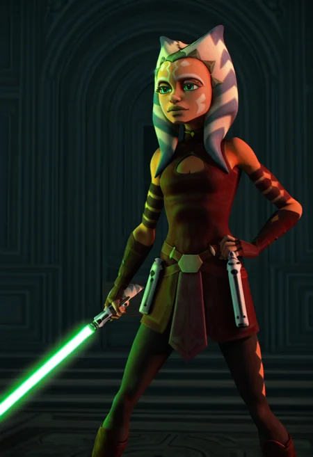 <lora:Ahsoka_S3-5:1> ahsoka_tano, togruta, lekku, facial_markings, symmetrical face paint, original_appearance, padawan_outfit, clone_wars_style, star_wars_background, 3d, holding a green lightsaber, in a battle stance