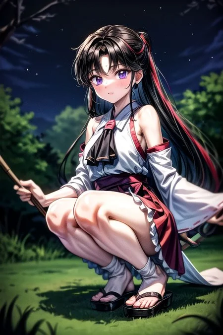 masterpiece, best quality 1girl Setsun4 solo long hair, (night time) forest background black hair very long hair purple eyes multicolored hair armor (fur trim) (medium body),<lora:EMS-179-EMS:0.800000>,<lora:EMS-293862-EMS:0.800000>ascot, bare shoulders, black footwear, detached sleeves, embellished costume, frills, japanese clothes, nontraditional miko, red skirt, sandals, sarashi, skirt, socks, armor, miko