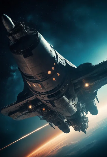 (Exterior shot of Spaceship in a galaxy:1.4) , by Ed Mell and Russ Mills, (luminar , vivacious , masterful:1.4), poster art, bold lines, hyper detailed, expressive, award winning, (scenery:1.4), (intricate details, masterpiece, best quality:1.4),
ring light , looking at viewer, dynamic pose, wide angle view,
atmospheric haze, Film grain, cinematic film still, highly detailed, high budget, cinemascope, moody, epic, OverallDetail, gorgeous, 2000s vintage RAW photo, photorealistic, color graded cinematic, eye catchlights, atmospheric lighting, skin pores, imperfections, natural, shallow dof,