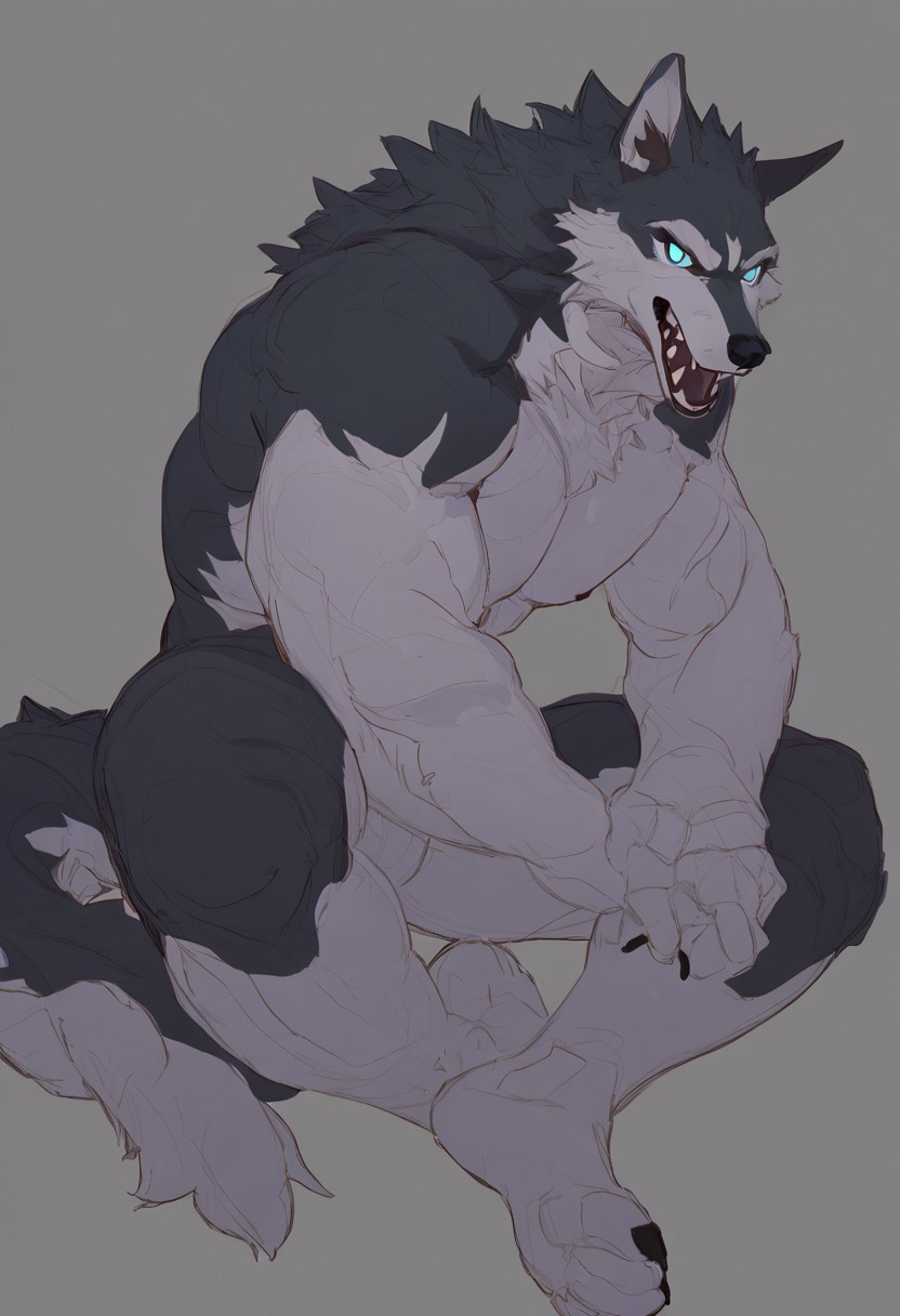 Anthro muscular wolf, full body sitting pose, confident smile, sharp ears, short gray and light gray fur with subtle texture, clean lineart featuring bold line variation, semi-realistic shading combining flat colors and delicate gradients, detailed expressive eyes with visible sharp teeth, strong and well-defined muscular anatomy, relaxed natural sitting posture, soft natural lighting with gentle shadows, male furry, solo, harmonious natural color palette, clear and minimalistic background, sketch, flat color