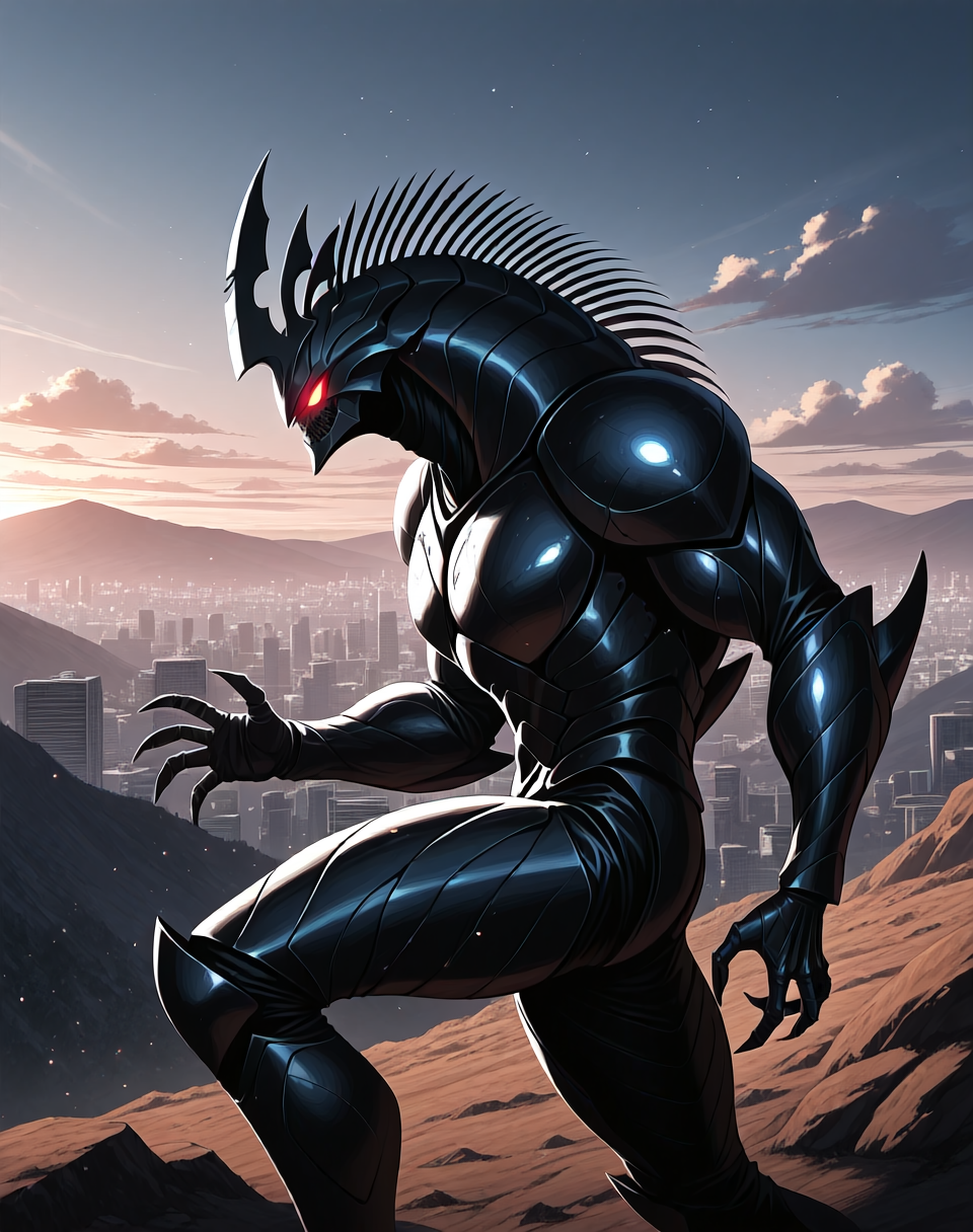 score_9, score_8_up, score_7_up,
<lora:Hyper_Zoanoid_(Guyver)_(Illustrious)_(AD):1> Hyper Zoanoid, Guyver, monster, 
exterior, science fiction, mountains, city skyline, sky with anime clouds,
cowboy shot, bent knee, dynamic action, side view, 
red and silver colored body, glowing eyes, dominating, powerful, solo, stocky, bulky, thick armor, zebra, 
BREAK Smooth Quality, IllusP0s, lazyhand, lazympos, lazynsfw,