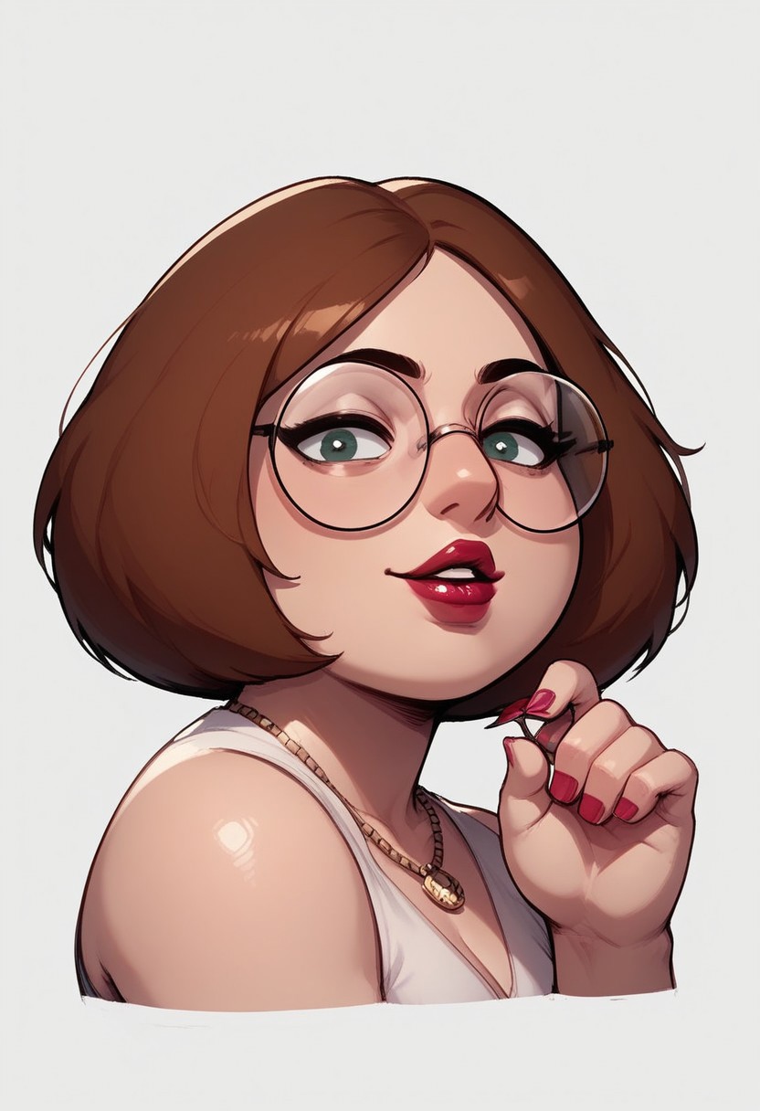 score_9, score_8_up, solo, Meg Griffin, brown hair, Black circle glasses, lipstick, nail polish,