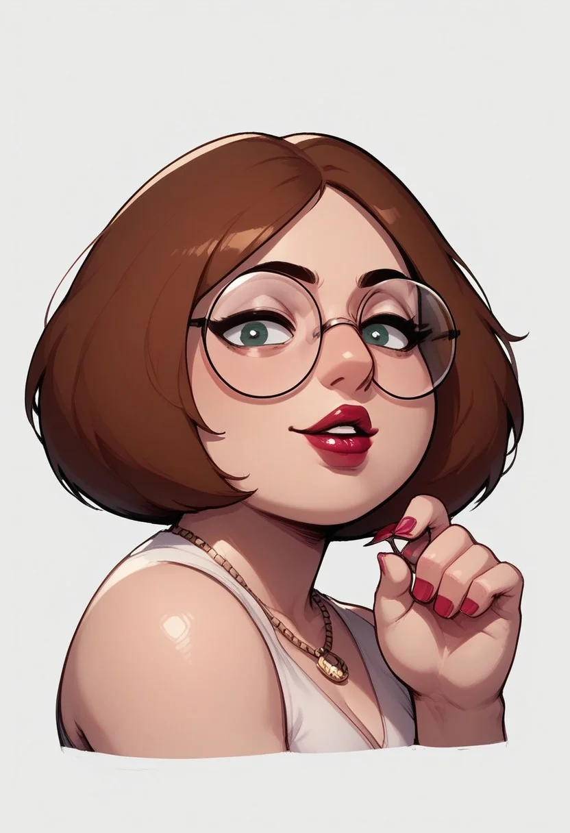 score_9, score_8_up, solo, Meg Griffin, brown hair, Black circle glasses, lipstick, nail polish,