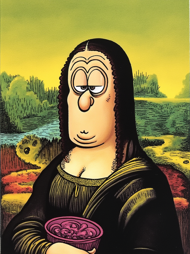 d0nm4rt1n. Whimsical cartoon illustration in the style of Don Martin comics. Mona Lisa by Davinci
