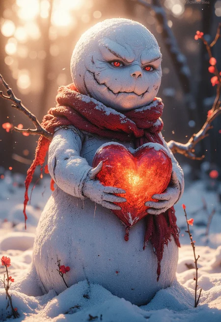 A dramatic, hyper-detailed close-up of a charming snowman, his once pristine, frosty surface now glistening with beads of melting ice that trickle down his soft, uneven form under the tender warmth of the early spring sun. His coal-black eyes, filled with both fleeting joy and quiet sorrow, shimmer as they catch the golden rays filtering through the delicate pastel hues of the sky—blush pinks and soft lavenders blending seamlessly into the pale blue of a changing season. A crooked smile, warm and innocent, lingers on his melting face, though a hint of melancholy glints beneath his cheerful expression. In his twig-like hand, fragile and dripping with melting droplets, he holds a translucent, half-melted heart of glowing reddish ice, its edges softening and dripping with each passing moment. The heart pulses faintly, as if beating in sync with the snowman’s final moments, its fading warmth a silent testament to love that, like him, is slipping away. His knitted scarf, slightly askew and soaked from the melting snow, flutters gently in the spring breeze, the fabric’s worn texture highlighted by the subtle play of light and shadow. Around him, the remnants of winter’s chill fade into the distance—a soft, grassy meadow beginning to awaken beneath patches of melting snow. The atmosphere is rich with bittersweet tenderness, shafts of golden light piercing through budding branches overhead, casting a warm, ethereal glow that envelops the snowman in a gentle embrace.