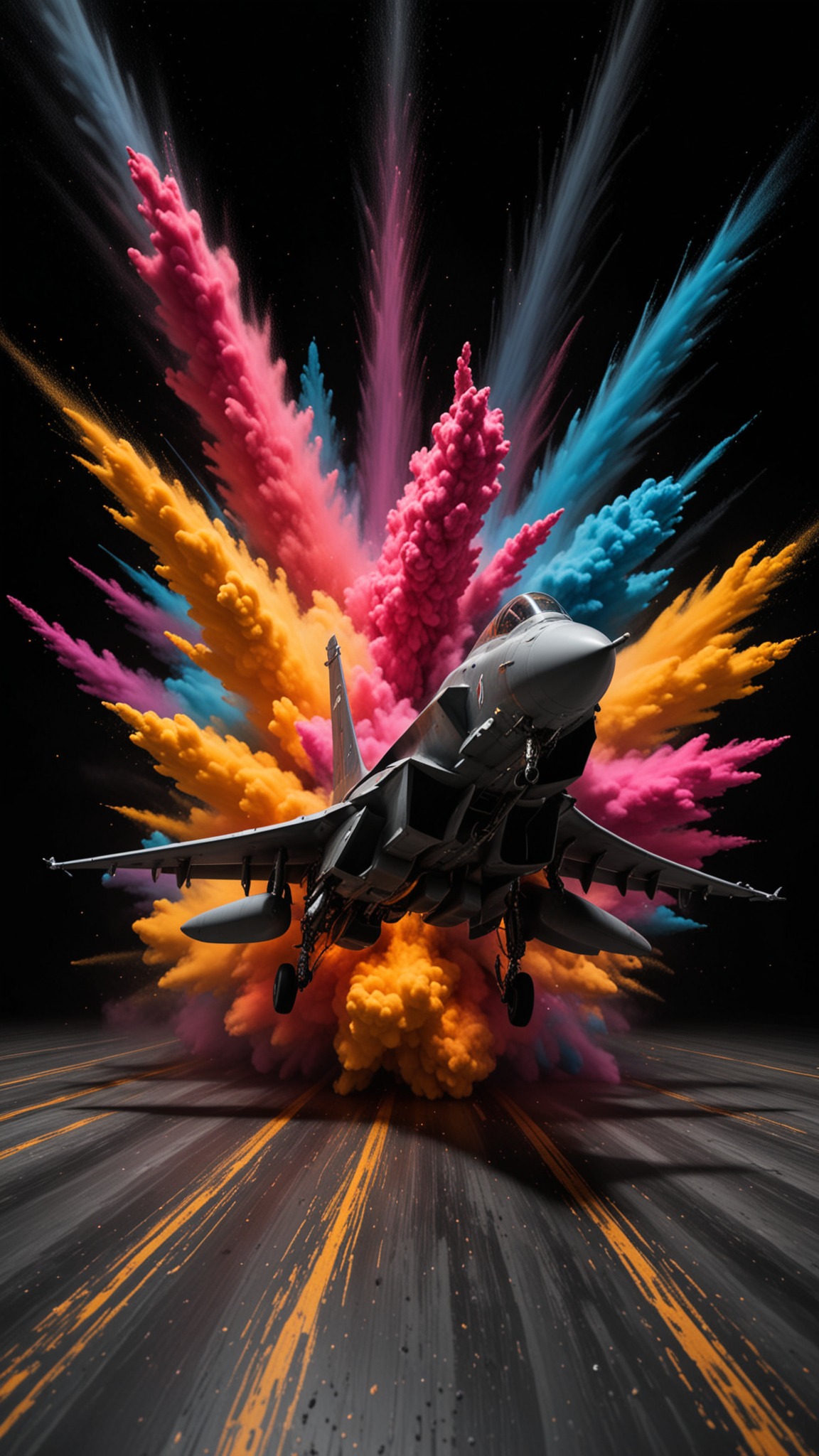 A stock photo of a Typhoon Jet Fighter Plane in a dark luxurious room, (from the side),  shiny floor, RGB rim lighting, swirling colors in the backdrop. Ultra detailed, side angle. high budget Hollywood movie, volumetric, Painstaking Attention To Detail, (Use Dream Diffusion Secret Prompt), UHD, racing through LIQUID METAL, liquid metal sprays up from the Jets engines, jet plane drifting in a black void , UHD, <lora:Colorful_Powder_Explosion_-_By_DICE:0.6>, Colorful Powder Explosion