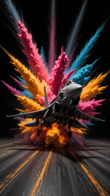 A stock photo of a Typhoon Jet Fighter Plane in a dark luxurious room, (from the side), shiny floor, RGB rim lighting, swirling colors in the backdrop. Ultra detailed, side angle. high budget Hollywood movie, volumetric, Painstaking Attention To Detail, (Use Dream Diffusion Secret Prompt), UHD, racing through LIQUID METAL, liquid metal sprays up from the Jets engines, jet plane drifting in a black void , UHD, <lora:Colorful_Powder_Explosion_-_By_DICE:0.6>, Colorful Powder Explosion