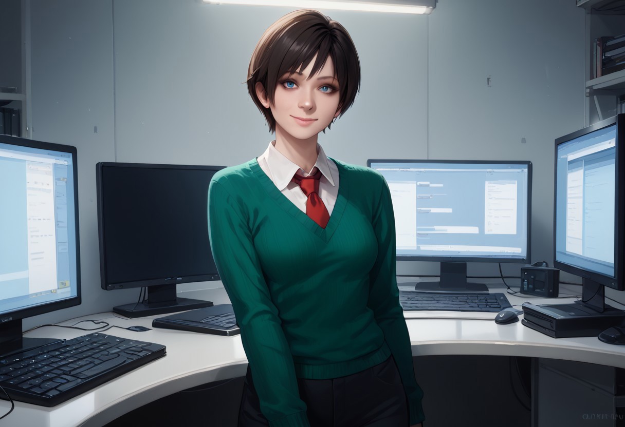 score_9, score_8_up, score_7_up, rebecca-chambers, resident evil, 1girl, solo, necktie, short hair, red necktie, pants, looking at viewer, monitor, realistic, shirt, black hair, sweater, white shirt, collared shirt, blue eyes, green sweater, indoors, breasts, nose, computer, smile, standing, lips, cowboy shot, keyboard (computer), watermark