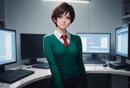score_9, score_8_up, score_7_up, rebecca-chambers, resident evil, 1girl, solo, necktie, short hair, red necktie, pants, looking at viewer, monitor, realistic, shirt, black hair, sweater, white shirt, collared shirt, blue eyes, green sweater, indoors, breasts, nose, computer, smile, standing, lips, cowboy shot, keyboard (computer), watermark