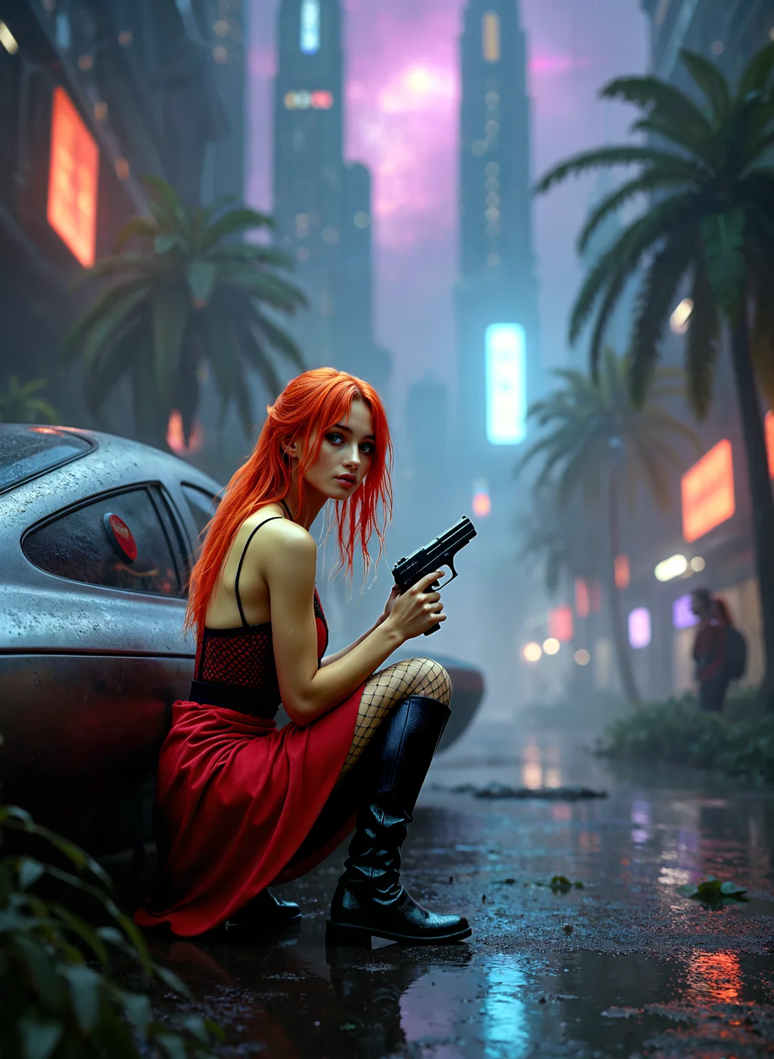 Photograph of a young woman with long red hair sitting on the ground in front of a car. She is holding a gun in her right hand and appears to be looking at it intently. The car is parked on a wet street with palm trees and buildings in the background. The sky is dark and cloudy, and there are neon signs and buildings visible in the distance. The overall mood of the image is eerie and mysterious. <lora:add-detail-xl:.5> <lora:Flux-style-xl-lora:.5>