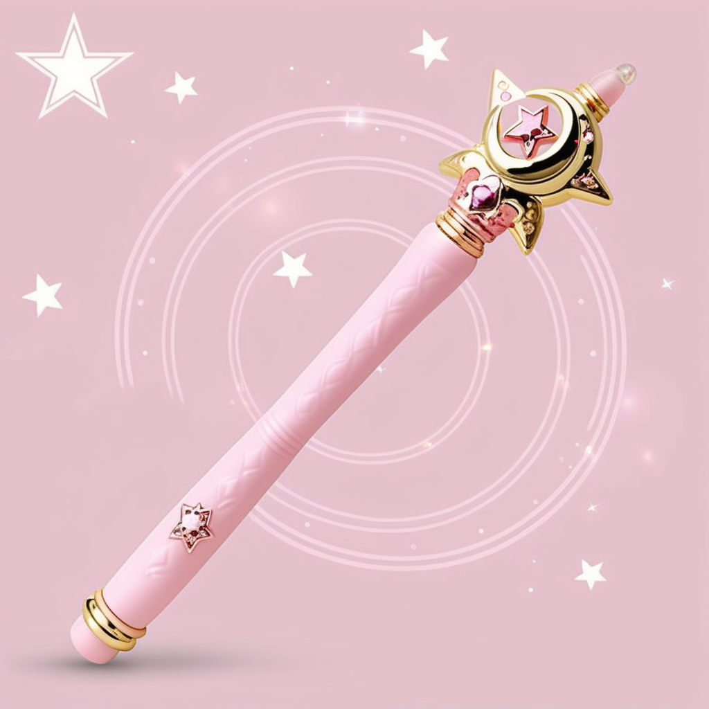 For a photorealistic depiction of a child's toy nunchaku: the main body is a soft pink hue, adorned with sparkling gems and crescent moon designs. The background features a mystical six-pointed star magic circle, glowing subtly with ethereal light. The nunchaku's handles are gracefully designed, capturing the innocence and whimsy of childhood, while the intricate details of the gems and moon shapes are rendered with careful precision to reflect their playful yet magical essence,<lora:girl_toy_style:0.65>,