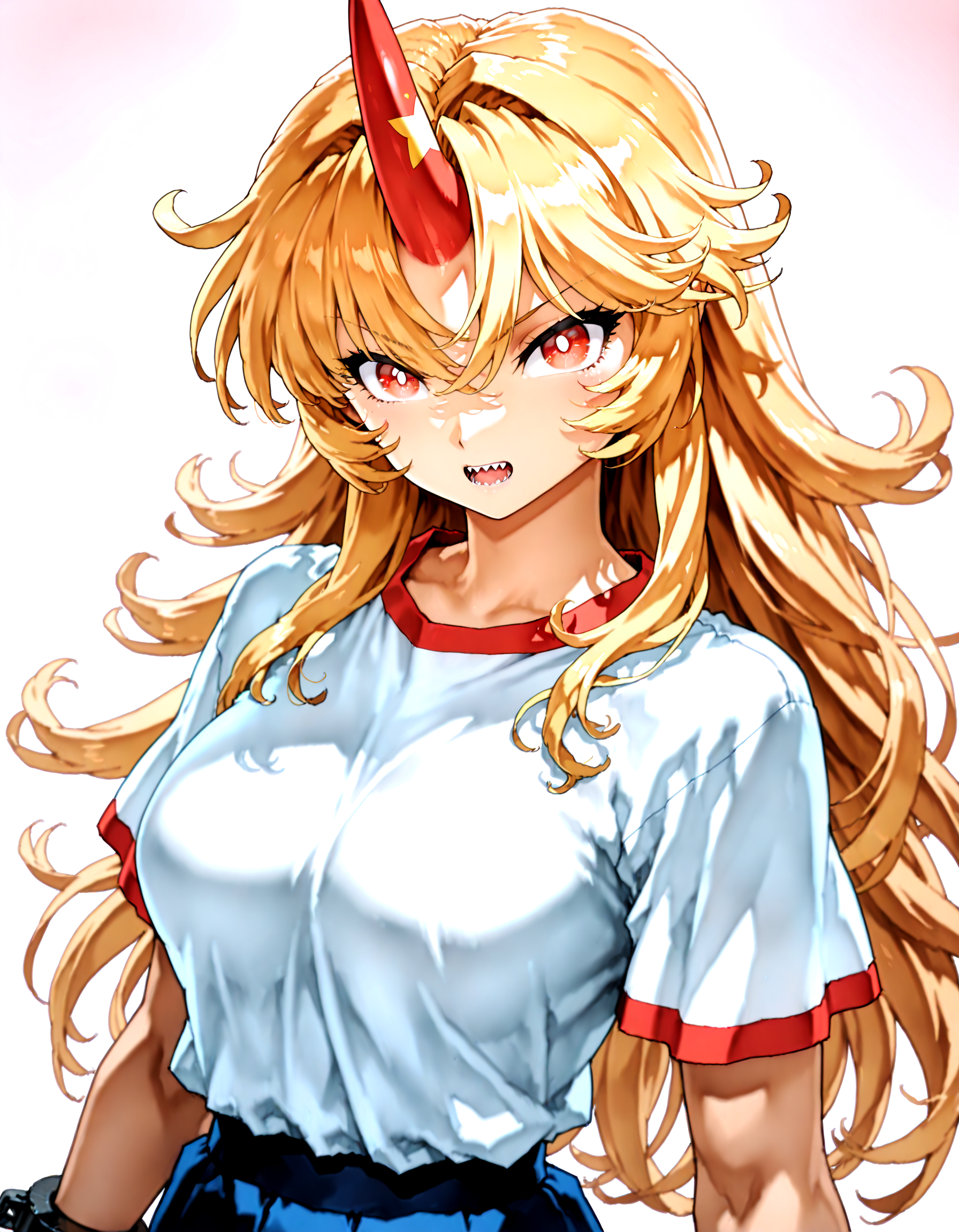 munakata_(sekimizu_kazuki):1.2,mogudan:0.8, hamada_yoshikazu ,toriyama_akira_(style) ,touhou ,hoshiguma_yuugi , highres ,1girl ,black_skirt, blonde_hair, breasts ,bright_pupils ,cuffs ,horns,  long_hair ,looking_at_viewer, medium_breasts, open_mouth, red_eyes ,red_horns, shackles ,sharp_teeth ,shirt, short_sleeves ,simple_background ,single_horn ,skirt solo, star_(symbol), teeth, upper_body ,white_shirt, messy_hair ,<lora:touhou_146:0.5>,<lora:illustrious_noobai_epsilon_pred_1_best_quality_v1:0.7> ,<lora:illustrious_noobai_epsilon_pred_1_masterpieces_v1:0.7>, <lora:ponyv4_noob1_2_adamW:0.5>,
