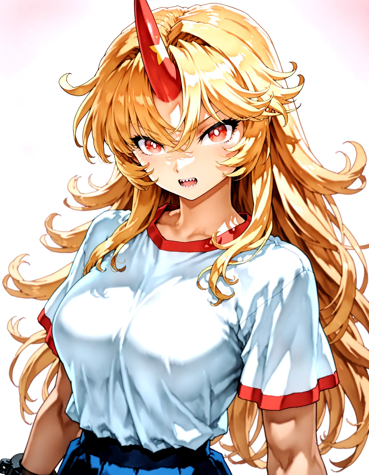 munakata_(sekimizu_kazuki):1.2,mogudan:0.8, hamada_yoshikazu ,toriyama_akira_(style) ,touhou ,hoshiguma_yuugi , highres ,1girl ,black_skirt, blonde_hair, breasts ,bright_pupils ,cuffs ,horns, long_hair ,looking_at_viewer, medium_breasts, open_mouth, red_eyes ,red_horns, shackles ,sharp_teeth ,shirt, short_sleeves ,simple_background ,single_horn ,skirt solo, star_(symbol), teeth, upper_body ,white_shirt, messy_hair ,<lora:touhou_146:0.5>,<lora:illustrious_noobai_epsilon_pred_1_best_quality_v1:0.7> ,<lora:illustrious_noobai_epsilon_pred_1_masterpieces_v1:0.7>, <lora:ponyv4_noob1_2_adamW:0.5>,