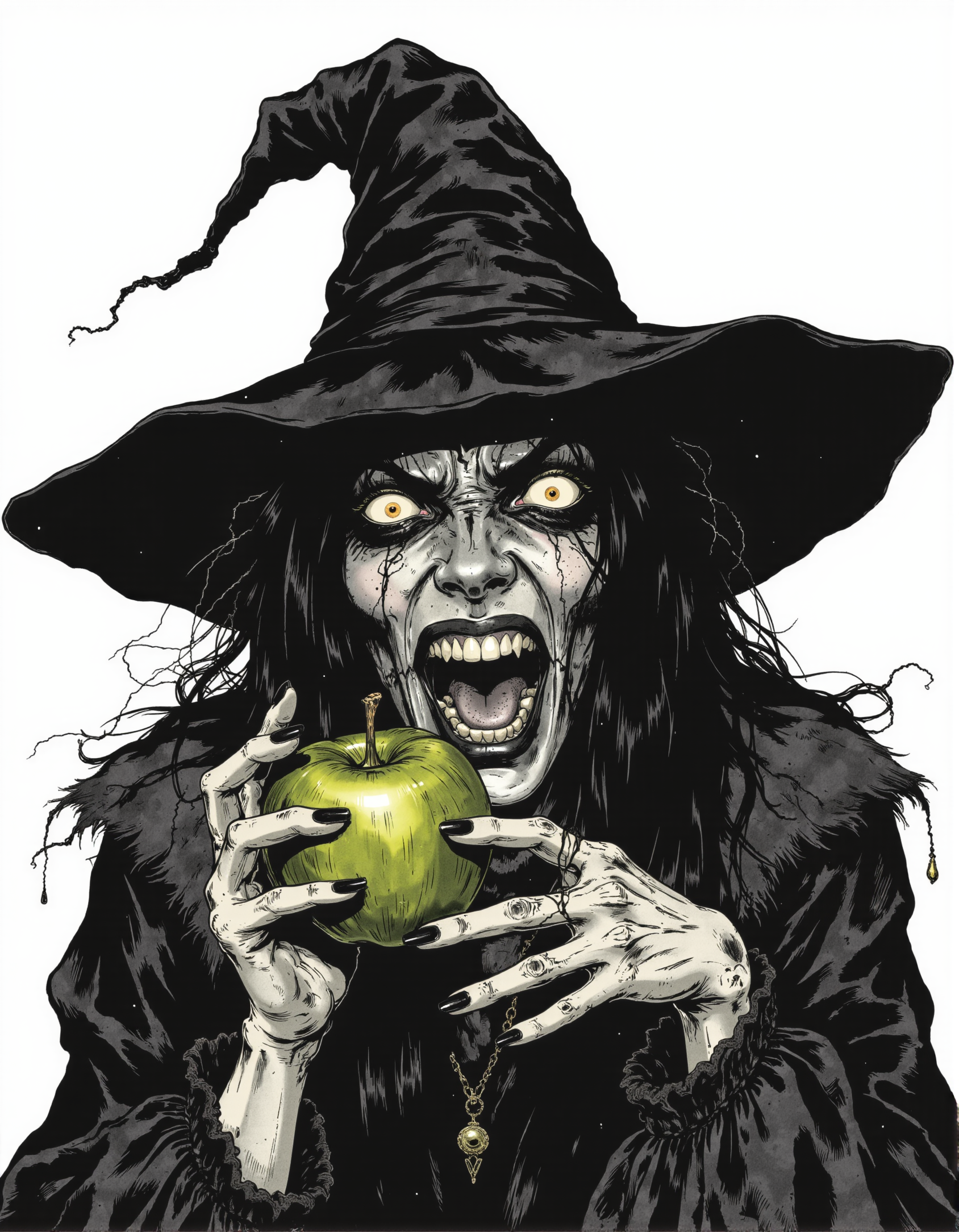 a graphic illustration, monochrome and greyscale image of an evil witch screaming, holding a green apple, black hair, witch hat, dainty hands, black nails, scary, spooky, <lora:Witchcore:0.9> w1tchc0re <lora:Poisoncore Flux:0.3> poisoncore