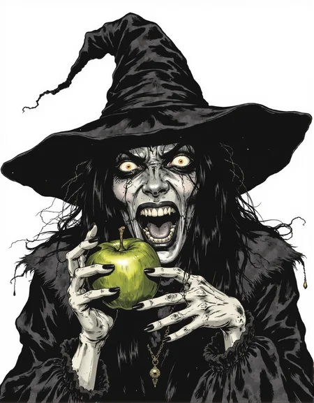 a graphic illustration, monochrome and greyscale image of an evil witch screaming, holding a green apple, black hair, witch hat, dainty hands, black nails, scary, spooky, <lora:Witchcore:0.9> w1tchc0re <lora:Poisoncore Flux:0.3> poisoncore