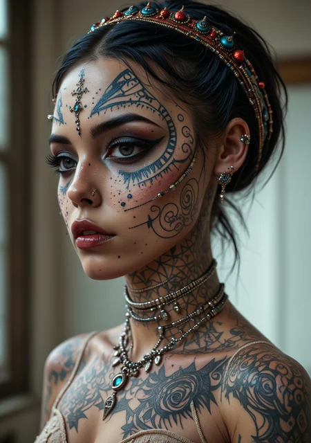 midjourneyv6.1, score_9, score_8, score_7, A young woman with scars, tattoes and voodoo ornaments over her beautiful face, (4k, RAW photo, best quality, perfection style, 50mm, depth of field, ultra high res:1.1),(intricate, photorealistic, low angle, cinematic-shot, masterpiece, ultra-detailed:1.1). Her makeup makes her look mature in a slim transparent dress.<lora:lora\aidmaMidjourneyV6.1-v0.1.safetensors:0.5:0.5><lora:lora\DetailedEyes_V3.safetensors:0.5:0.5><lora:lora\Derelict_Faces_e31.safetensors:0.8:0.8>