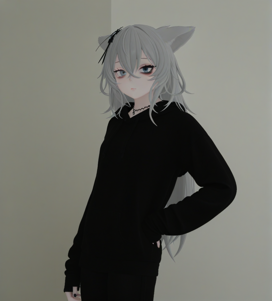 <lora:Mmmm_wolf_girl:1>,1girl, 
Mmmm wolf girl,animal ears,wolf ears,long hair,grey hair,hair between eyes,crossed bangs,grey eyes,heterochromia,
hair ornament,
necklace,
black hoodie,sleeves past wrists,
black pants,
greysneakers,
very awa, masterpiece, best quality, highres, absurdes,amazing quality,very aesthetic,intricate details, <lora:hand 5.5:1>