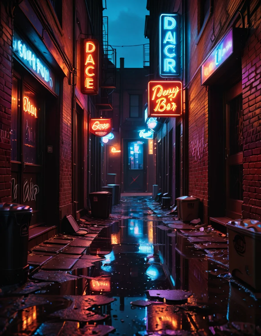 A highly detailed and realistic photograph of a dark alleyway behind a bar at night. The narrow passage is dimly lit by a flickering neon sign casting a moody red and blue glow onto the wet pavement. The walls are made of old, weathered brick covered in graffiti, with metal fire escapes zigzagging above. Trash bags and discarded crates are scattered along the alley, and a few puddles reflect the neon lights, adding depth to the scene. A single, dented metal door with a small, barred window leads into the back of the bar, with a faint warm light seeping through the cracks. The air is thick with mist, and the distant hum of the city is broken only by the occasional drip of water from a rusted drainpipe. A sense of mystery and urban grit fills the atmosphere, evoking a cinematic, noir-style aesthetic.
<lora:SDXLFaeTastic2400:0.4> <lora:extremely_detailed:0.4> extremely detailed, <lora:all3yway-ill:1>,all3yway, Masterpiece,best quality,hi res,8k,hi res,8k,award winning,(sharp focus, intricate, highly detailed),