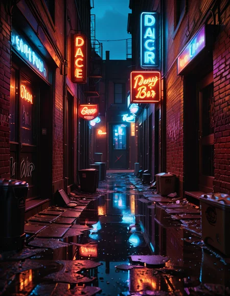A highly detailed and realistic photograph of a dark alleyway behind a bar at night. The narrow passage is dimly lit by a flickering neon sign casting a moody red and blue glow onto the wet pavement. The walls are made of old, weathered brick covered in graffiti, with metal fire escapes zigzagging above. Trash bags and discarded crates are scattered along the alley, and a few puddles reflect the neon lights, adding depth to the scene. A single, dented metal door with a small, barred window leads into the back of the bar, with a faint warm light seeping through the cracks. The air is thick with mist, and the distant hum of the city is broken only by the occasional drip of water from a rusted drainpipe. A sense of mystery and urban grit fills the atmosphere, evoking a cinematic, noir-style aesthetic.
<lora:SDXLFaeTastic2400:0.4> <lora:extremely_detailed:0.4> extremely detailed, <lora:all3yway-ill:1>,all3yway, Masterpiece,best quality,hi res,8k,hi res,8k,award winning,(sharp focus, intricate, highly detailed),