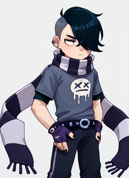 score_9, score_8_up, score_7_up, <lora:bsedgar:1>bsedgar , 1boy , short hair , black hair, hair over one eye, ear piercing, solo,striped scarf grey shirt, short sleeves, belt , black pants ,black gloves, fingerless gloves, black nails, <lora:PossumMachine:1>posmach
