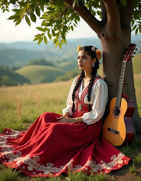 ch1n4p, traditional, Mexican folklore, full body shot, embroidery, braided hair, hair laces, ultra quality, ultra detailed, ultra realistic, ultra lighting, cinematic, a serene countryside with a woman in a China Poblana ensemble sitting gracefully under a tree. Her skirt flows around her, and her braided hair is interwoven with fresh wildflowers. Behind her, rolling hills meet the sky, while a lone guitar leans against the tree trunk beside her.