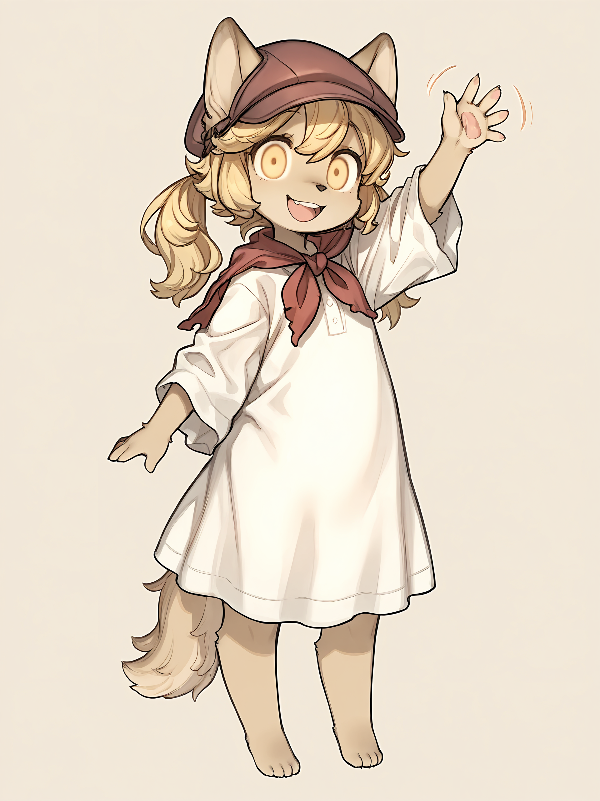 masterpiece, best quality, (absurdres), (highest quality), amazing quality, very aesthetic, no humans,
BREAK, <lora:Mei_Marzipan_Illustrious_V1:1>, mei marzipan, fuga: melodies of steel, kemono, furry female, 1girl, child, beige fur, blonde hair, yellow eyes, dog girl, animal ears, dog tail, dog ears, twintails, bangs,
BREAK, white dress, red scarf, hat, barefoot,
BREAK, (solo), simple background, full body, waving, heat tilt, smile, looking at viewer, open mouth, excited, wide eyes
