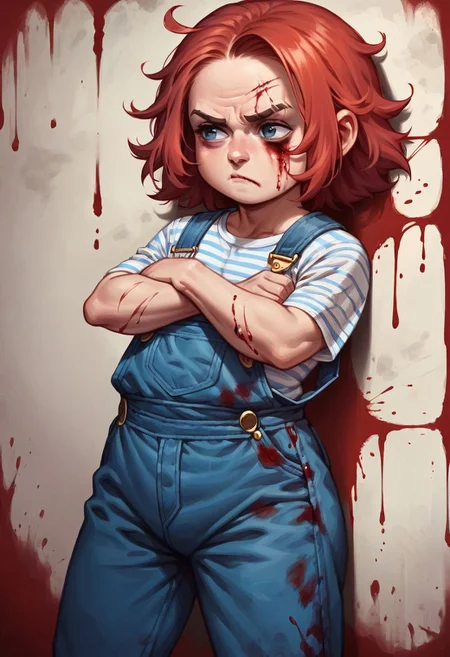 score_9, score_8_up, score_8, source_anime, 1boy, femboy, Chucky, red hair, overalls, striped top, sulking, pout, pouty, pouting, scar, arms crossed, norman rockwell style, (solo), shortstack, ((bloody background)), ((blood spatter across wall)), ((blood spatter)), (blood on wall), detailed, extremely detailed, semi realistic,