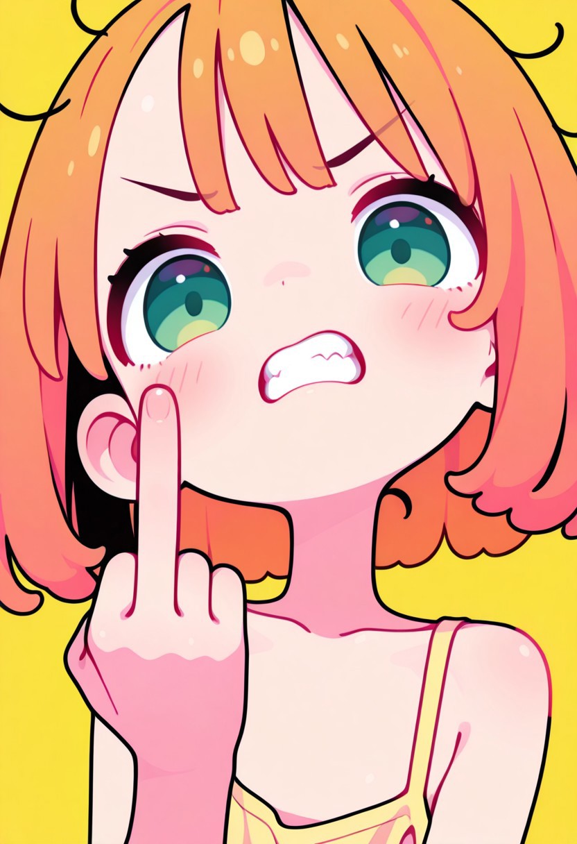 Colorful themes, High Saturation, masterpiece, best quality, newest, Smooth, very awa, super cute style, very aesthetic,  haiz_ai,
1girl, solo, cute, kawaii, small, fragile, young, youthful, flatchest, orange hair, bob cut, green eyes, fair skin, messy hair, angry, teeth,
fuck you, middle finger, close up, face focus,
