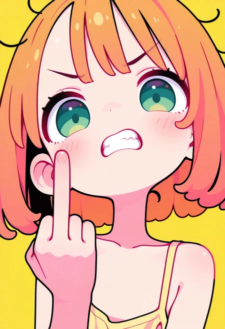 Colorful themes, High Saturation, masterpiece, best quality, newest, Smooth, very awa, super cute style, very aesthetic,  haiz_ai,
1girl, solo, cute, kawaii, small, fragile, young, youthful, flatchest, orange hair, bob cut, green eyes, fair skin, messy hair, angry, teeth,
fuck you, middle finger, close up, face focus,