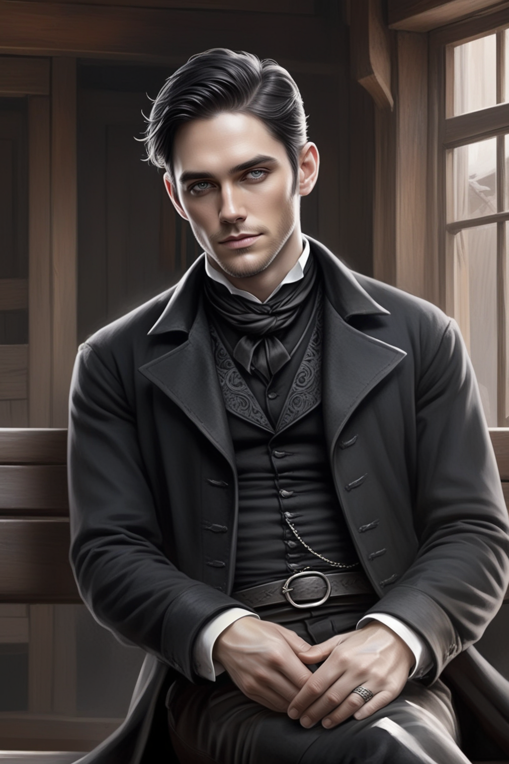 male, grey light eyes, smirk, looking at viewer, black short hair, clothes in western black costume, sitting on the bench, crossed arms, full body, western saloon background, two tone masterpiece by Agnes Cecile, concept art, intricately detailed, complex  <lora:Walter XL:0.8> walter