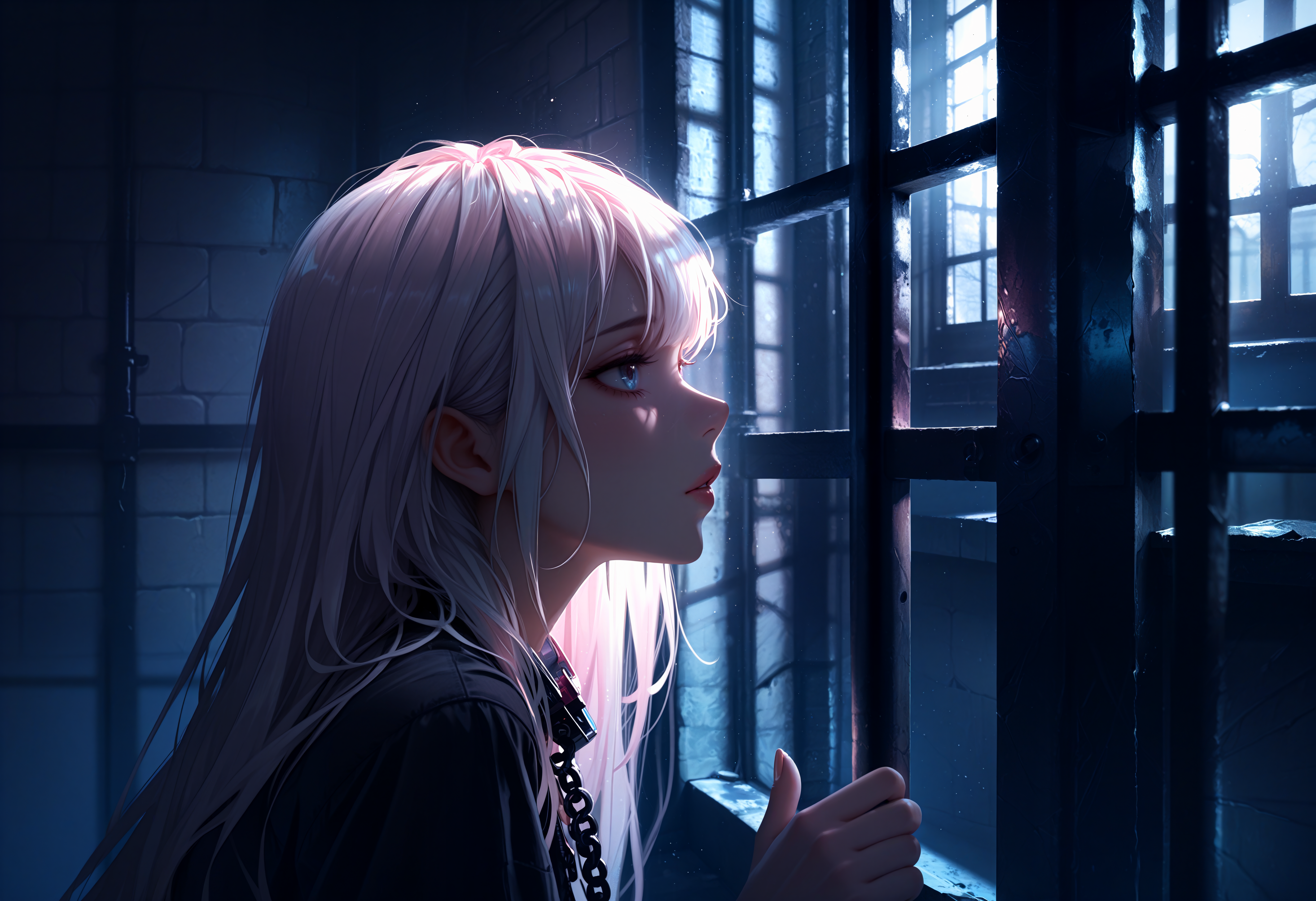 watercolor, lldn, detailed drawing, masterpiece, best quality, good quality, newest, highres, cinematic, volume light, vibrant,  blacklight, 
1girl, looking out, light from window, 
indoor, prison, hold grate, 