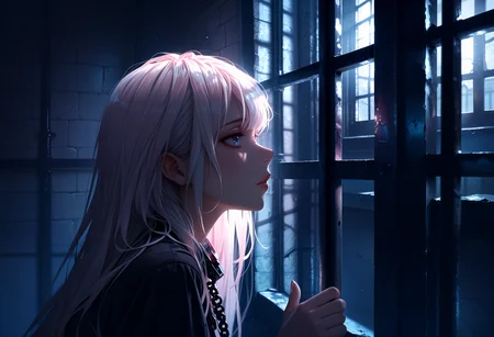 watercolor, lldn, detailed drawing, masterpiece, best quality, good quality, newest, highres, cinematic, volume light, vibrant, blacklight,
1girl, looking out, light from window,
indoor, prison, hold grate,