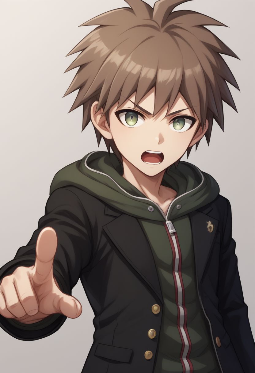 score_9, score_8_up, source_anime, highly detailed, 1boy, solo, skinny,
makoto, 1boy, solo, male focus, brown hair, hood, open mouth, pointing, jacket, hoodie,
pointing at viewer, bangs, black jacket, short hair, looking at viewer,,
indoor,