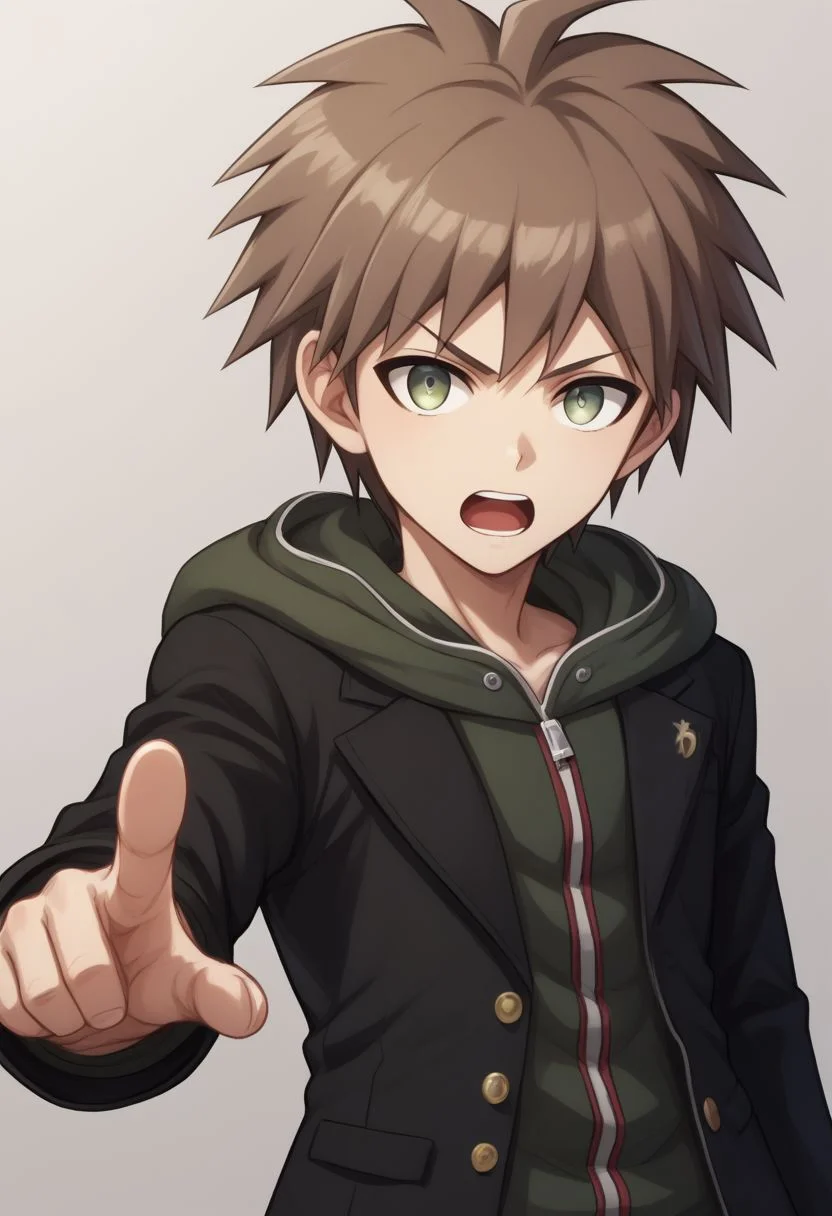 score_9, score_8_up, source_anime, highly detailed, 1boy, solo, skinny,
makoto, 1boy, solo, male focus, brown hair, hood, open mouth, pointing, jacket, hoodie,
pointing at viewer, bangs, black jacket, short hair, looking at viewer,,
indoor,
