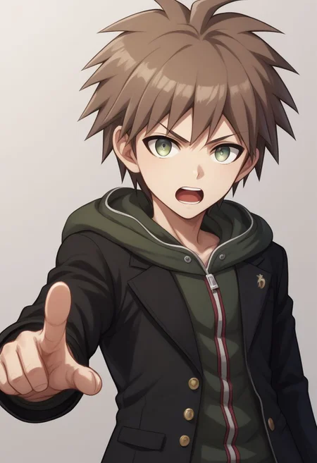 score_9, score_8_up, source_anime, highly detailed, 1boy, solo, skinny,
makoto, 1boy, solo, male focus, brown hair, hood, open mouth, pointing, jacket, hoodie,
pointing at viewer, bangs, black jacket, short hair, looking at viewer,,
indoor,