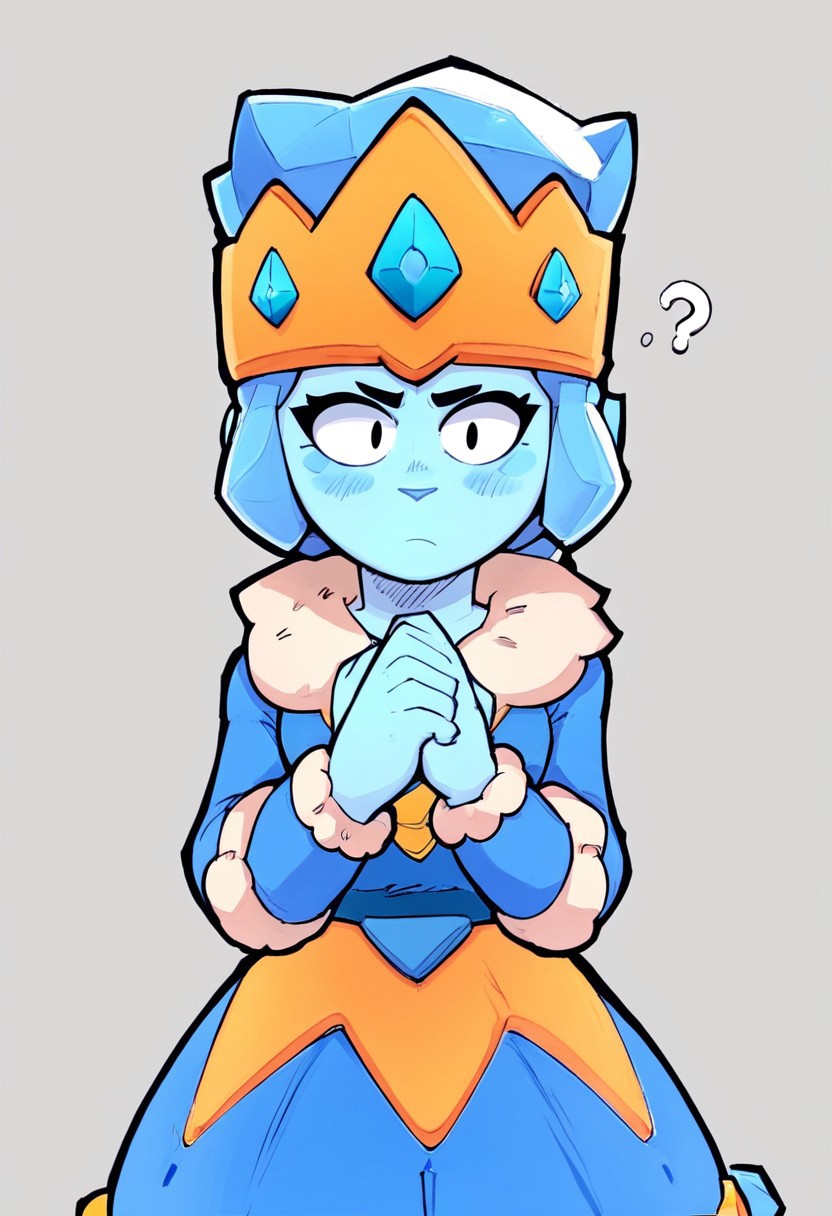 Score_9, Score_8_up, Score_7_up, sqamber, 1 Girl, Blue Fur, Low Braid, Tiara, Blue Dress, Fur Trim, Blue Eyes, Solo, Blue skin, blush, confused, looking_at_viewer