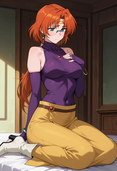 masterpiece, best quality, amazing quality, absurdres, 1girl, solo, ailaww, mature female, green eyes, orange hair, long hair, low ponytail, glasses, rimless eyewear, medium breasts, circlet, purple turtleneck shirt, sleeveless, covered collarbone, bare shoulders, purple elbow gloves, fingerless gloves, covered navel, yellow long skirt, white boots, high heels, jewelry, earrings, necklace, bracelet, <lora:Aila_Mahou_Senshi_Louie_ill_v12:0.9>, indoors, bedroom, frown, wariza, sitting, hand on own chest, looking down, skindentation, detailed clothing folds, depth of field, sharp, high contrast, dynamic light