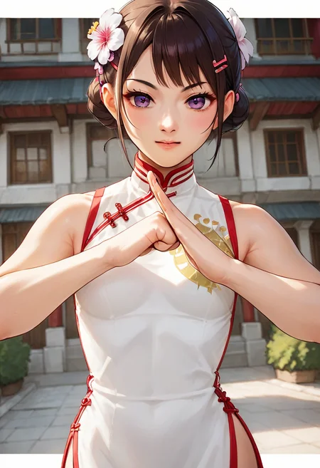 (fist-palm salute:1.5), score_9, score_8_up, score_7_up, source_anime, ultra detailed,
Generate a picture of a girl making fist-palm salute in a big garden in front of a big traditional Chinese building, (fist and palm folded in front), front view, she is wearing a dragon print cheongsam, happy with light smile,
The girl is a teenage with (yellowish skin), has (medium brown hair) with bangs, tender and slender body with small breasts, narrow waist, she has (purple eyes), wearing hairclip and hair flower,
<lora:cocoaHoto_XL-Pony_LoRA-C3Lier_8-8-8-8_AdamW_Un3e-4_Te1.5e-4_10batch:1>,<lora:fist-palm_salute_Pony:0.8>