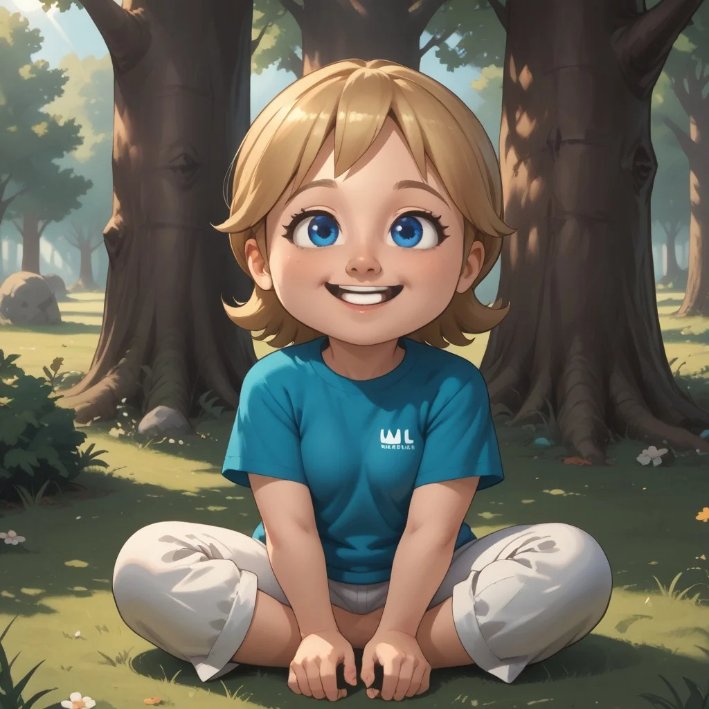 score_9, score_8, BREAK, solo, mii, wii, wii sports resort, 1girl, female mii, cute, blonde hair, black blue eyes, rare eyes, tree shaped nose, open mouth, buck tooth, double chin, chubby, chubby female, dark green clothing, white pants, barefoot, Megan_(\Wii_Sports_Resort\), Nintendo Mii, modern_mii, classic_mii, big breasts, sexy pose, self portrait, smile, outdoors, sunlight, shadows, evening lighting, natural lighting, forest, trees, grass, orange sky, sunset, sitting, soles