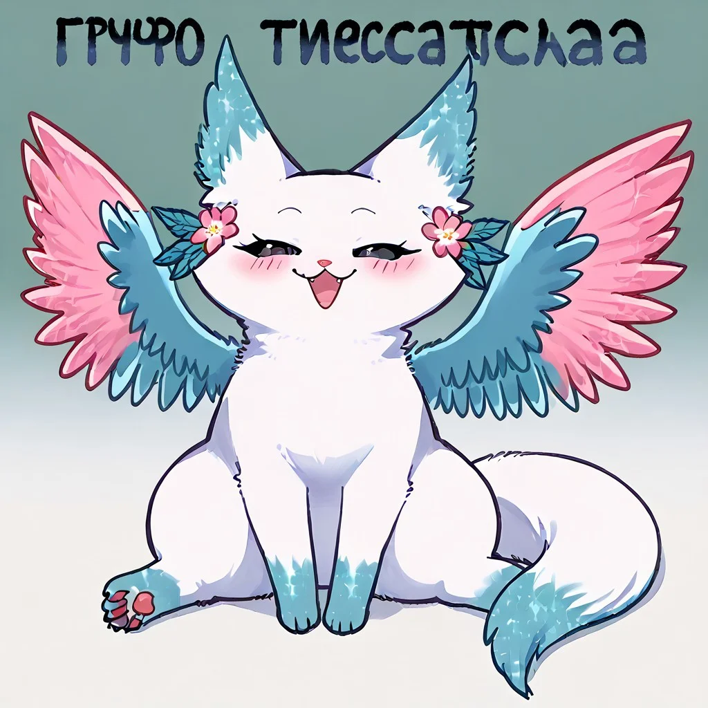 Minto, white fur, black sclera, black eyes, pink nose, paws, tail, turquoise edges at the ears, wings